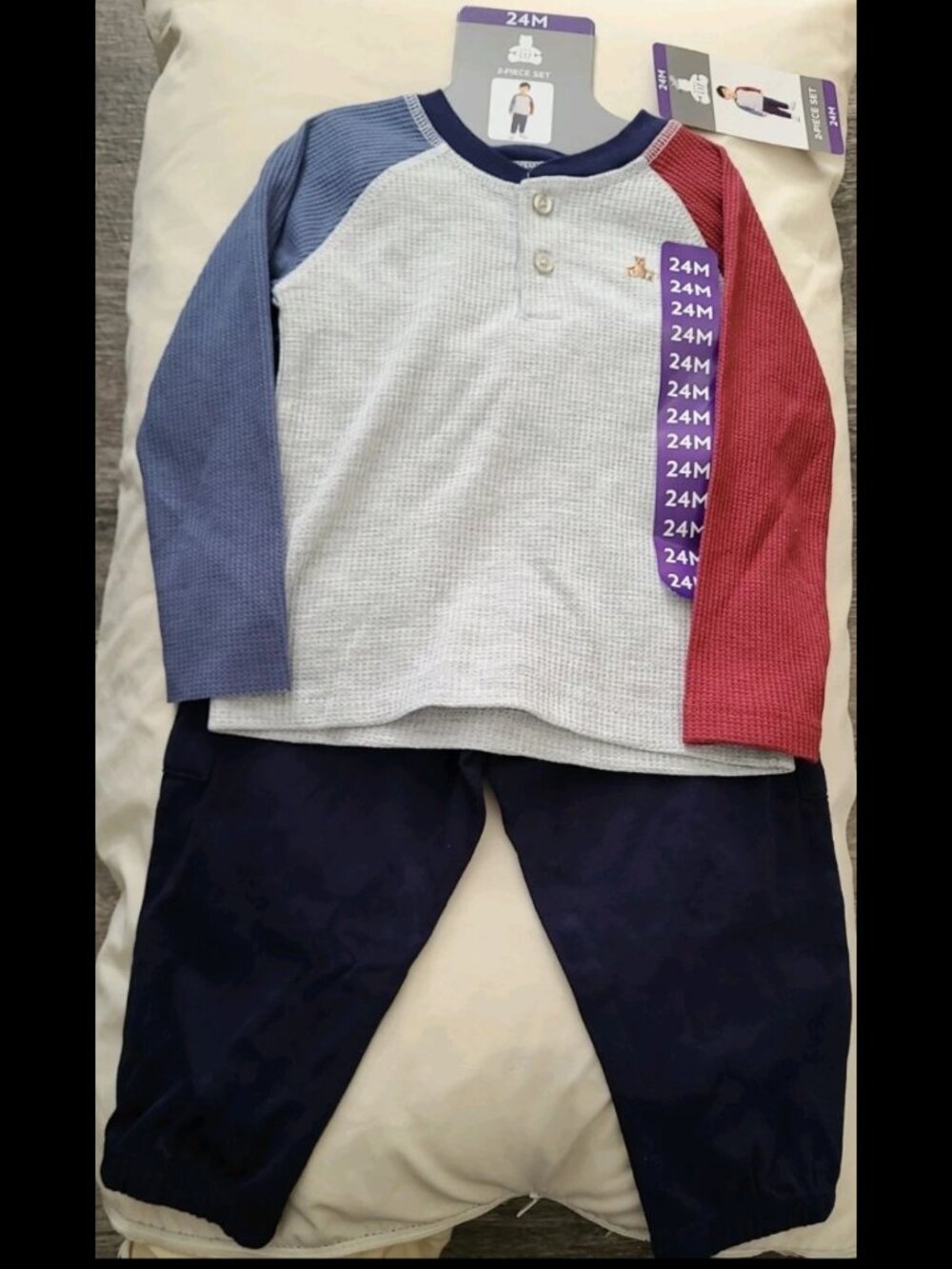 Baby Gap 2 Pc Set Thermal Long Slv Top W. Teddy Bear Icon, Navy Blue Sweatpants